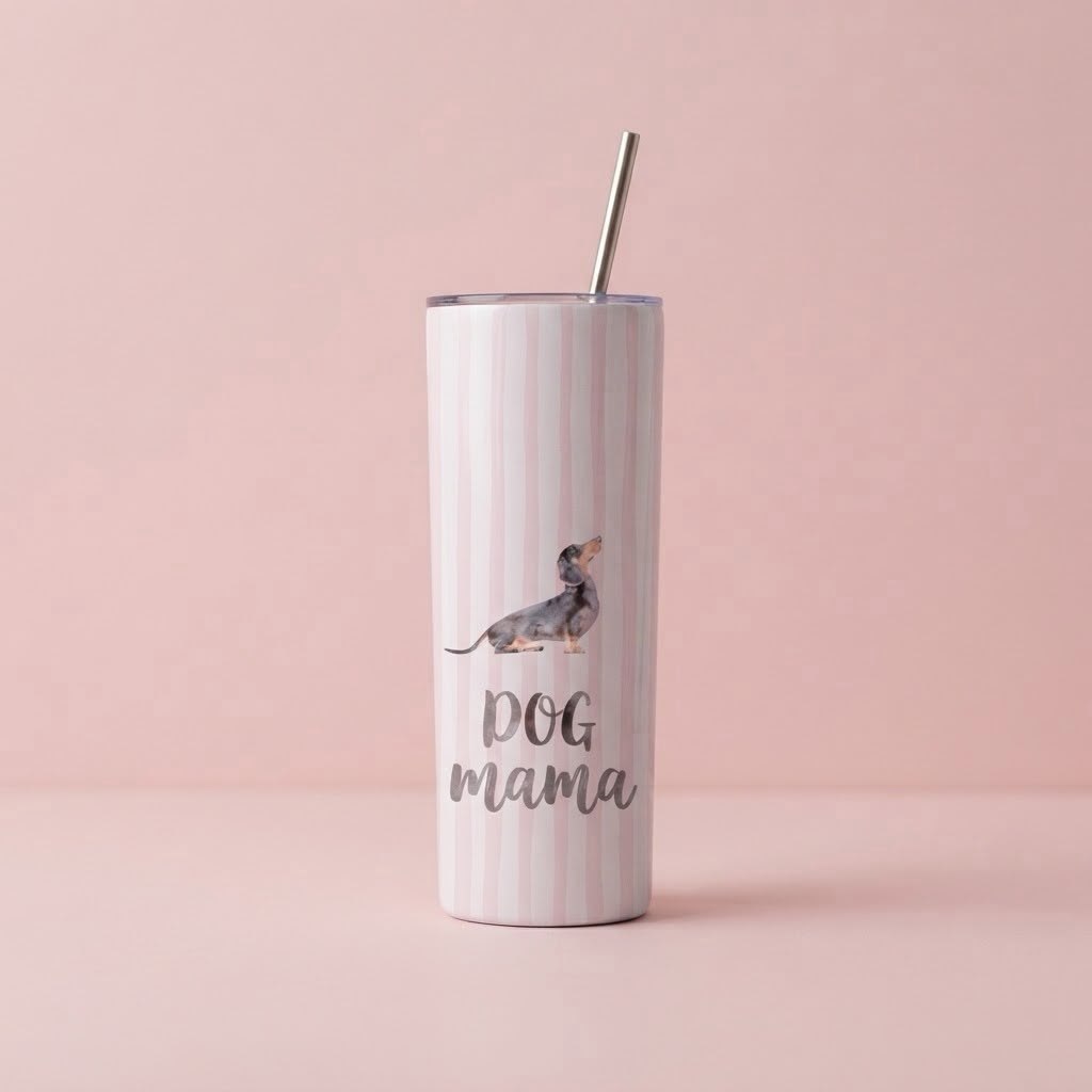 Prugasti roze tumbler sa slamčicom, crtežom jazavičara i natpisom Dog mama